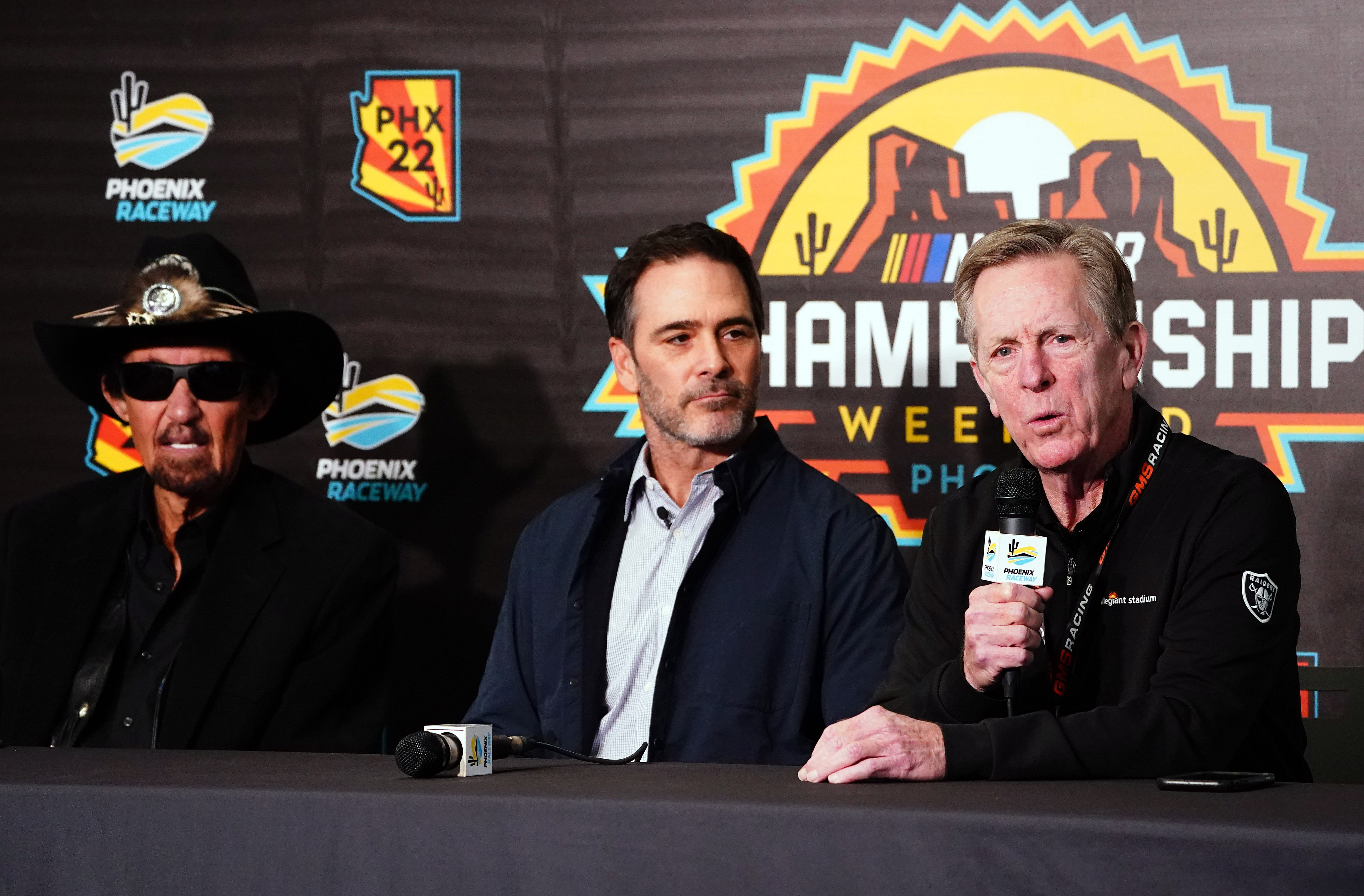 (R-L) Legacy Motor Club Team owners Maury Gallagher and Jimmie Johnson with Richard Petty at Daytona. Source: Imagn